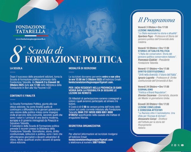 SCUOLA DI FORMAZIONE POLITICA FONDAZIONE TATARELLA: AL VIA LE ISCRIZIONI