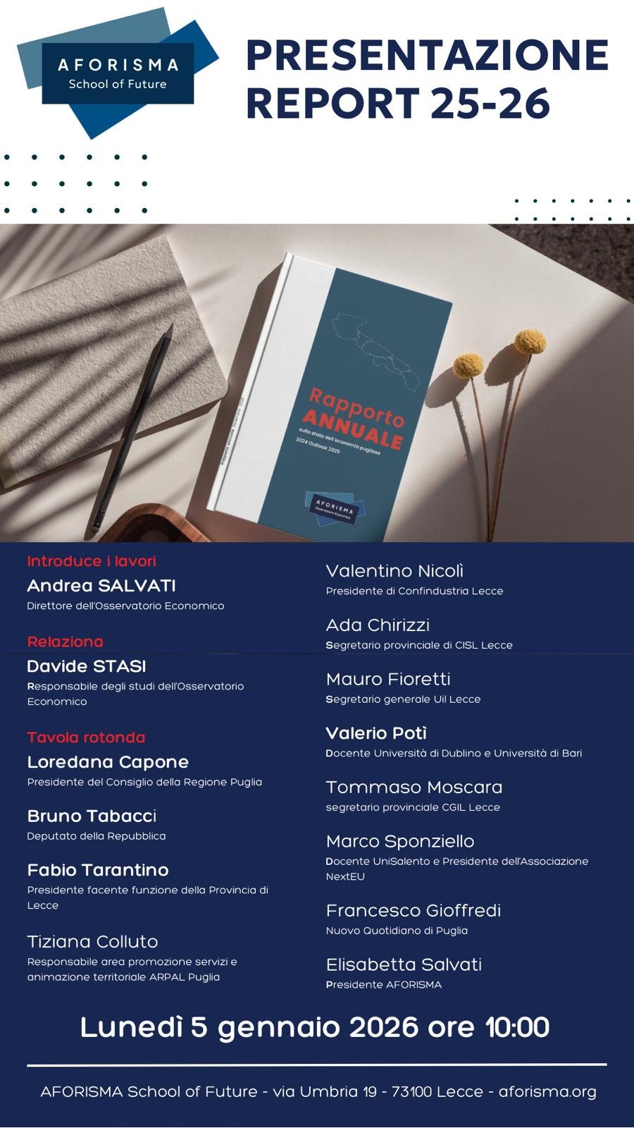 Economia pugliese: presentazione del Report annuale AFORISMA 2025/2026 il 5 gennaio a Lecce