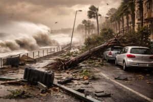 Maltempo in Puglia: forte vento di scirocco con raffiche fino a 120 km/h nel Salento, mareggiate e gravi danni.