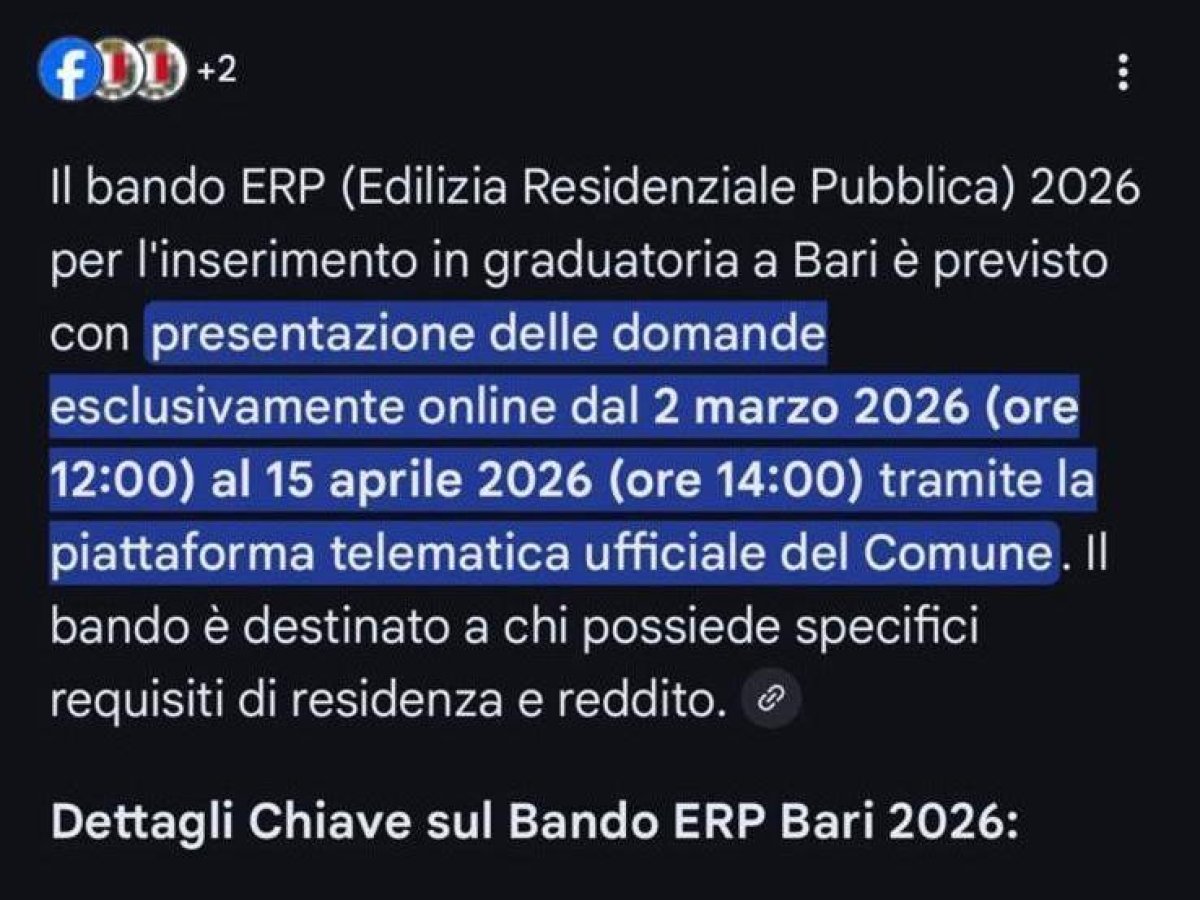 «Arriva il bando per le case popolari a Bari, ma è una fake news: il Comune chiarisce che si tratta di un errore dell'AI»