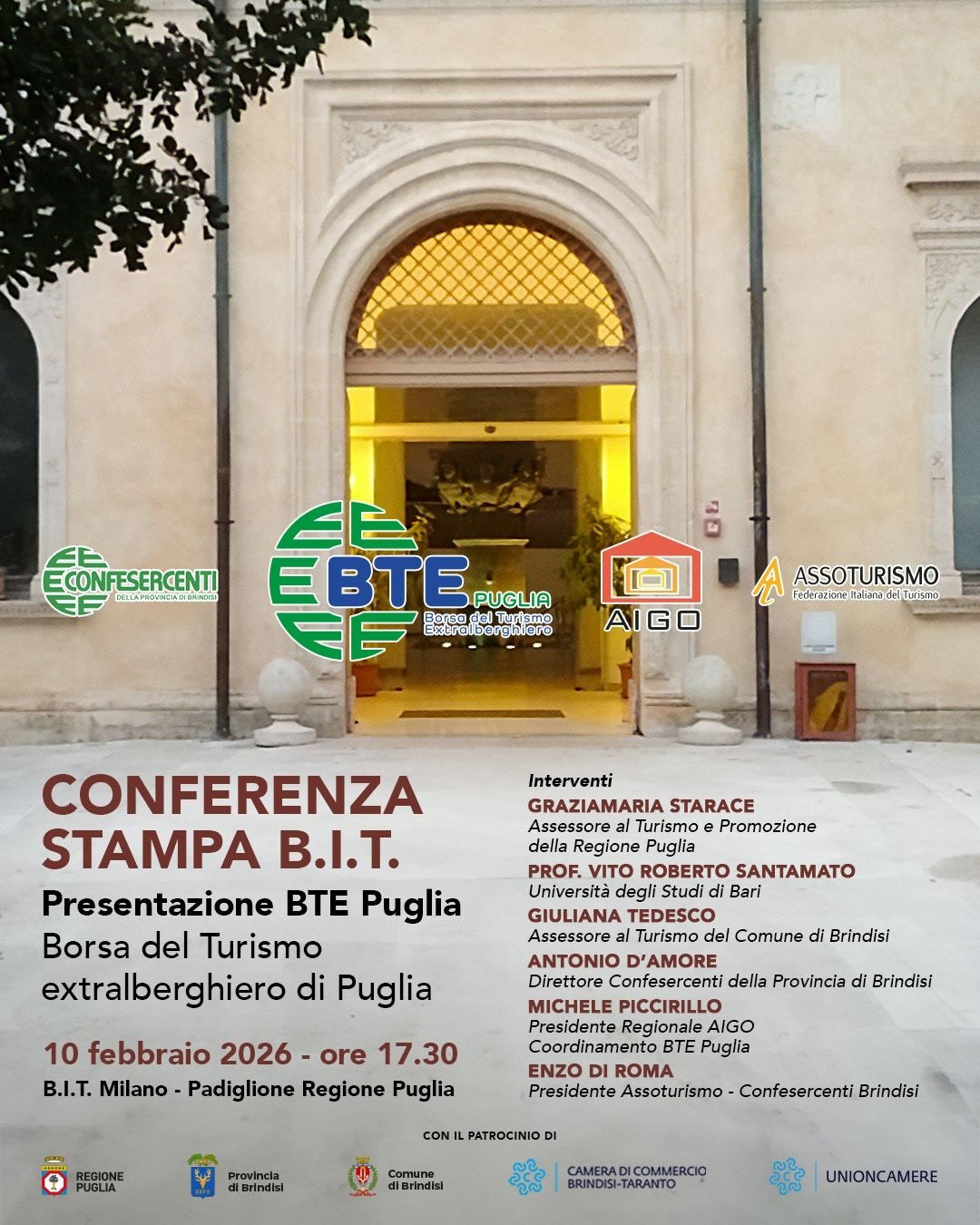 Brindisi protagonista del turismo extralberghiero: presentazione della BTE Puglia alla BIT 2026